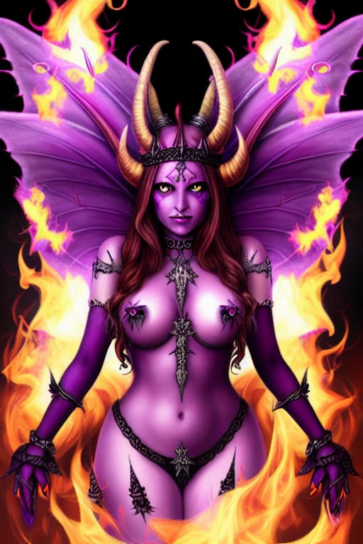  Purple queen with red eyes, horns and fairy wings in flames