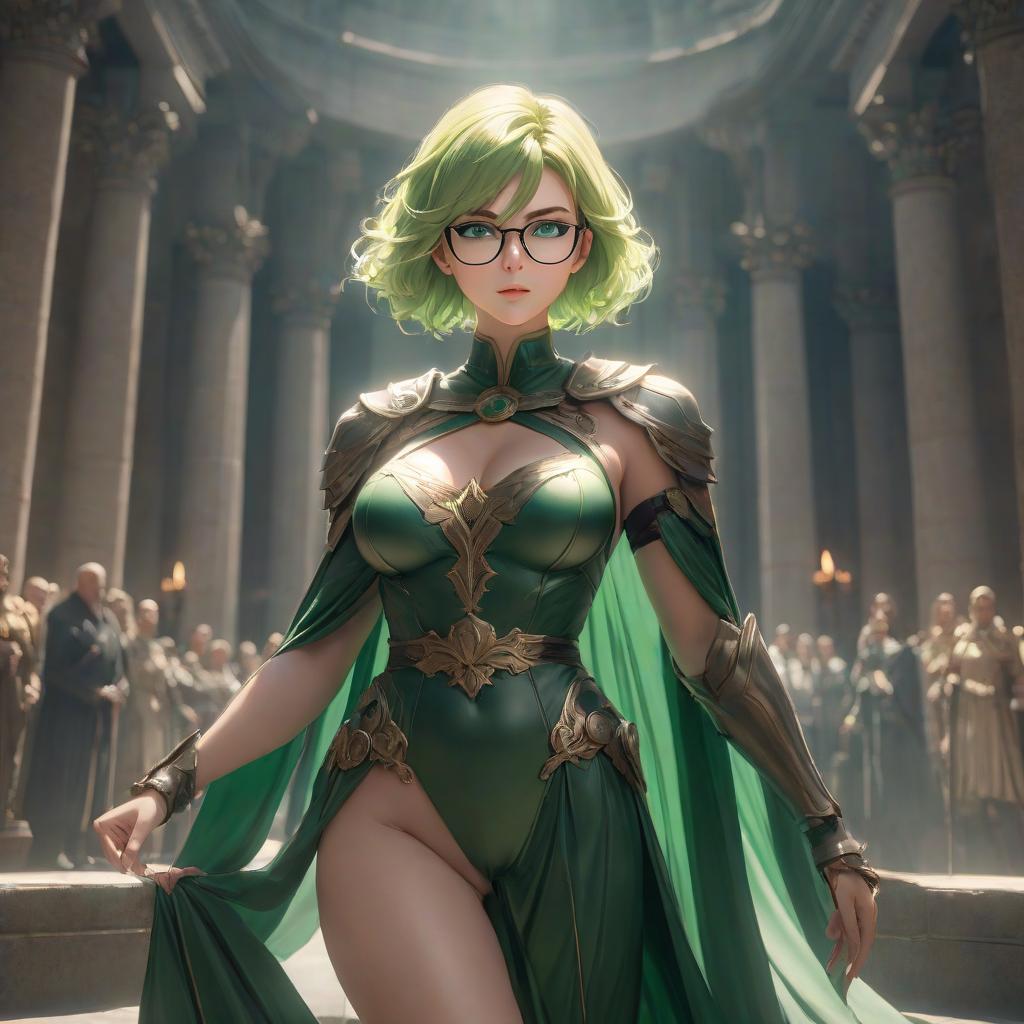  The goddess of justice and order and rigor. Short light hair, green eyes, glasses. hyperrealistic, full body, detailed clothing, highly detailed, cinematic lighting, stunningly beautiful, intricate, sharp focus, f/1. 8, 85mm, (centered image composition), (professionally color graded), ((bright soft diffused light)), volumetric fog, trending on instagram, trending on tumblr, HDR 4K, 8K