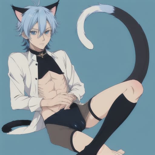  cute anime old cat boy with blue eyes and a long tail