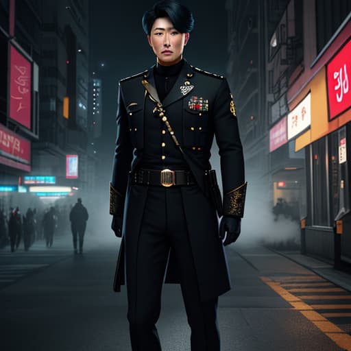  I want a novel cover about a Korean man who works as a policeman during the day and as the leader of a secret organization at night. hyperrealistic, full body, detailed clothing, highly detailed, cinematic lighting, stunningly beautiful, intricate, sharp focus, f/1. 8, 85mm, (centered image composition), (professionally color graded), ((bright soft diffused light)), volumetric fog, trending on instagram, trending on tumblr, HDR 4K, 8K