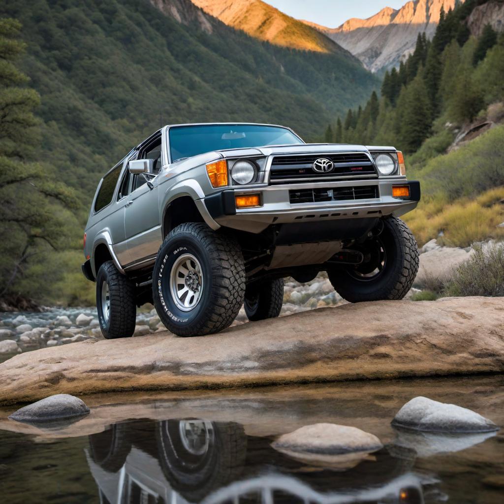  1985 Toyota 4Runner in silver color, parked in a scenic location with a mountainous background, under a clear blue sky hyperrealistic, full body, detailed clothing, highly detailed, cinematic lighting, stunningly beautiful, intricate, sharp focus, f/1. 8, 85mm, (centered image composition), (professionally color graded), ((bright soft diffused light)), volumetric fog, trending on instagram, trending on tumblr, HDR 4K, 8K