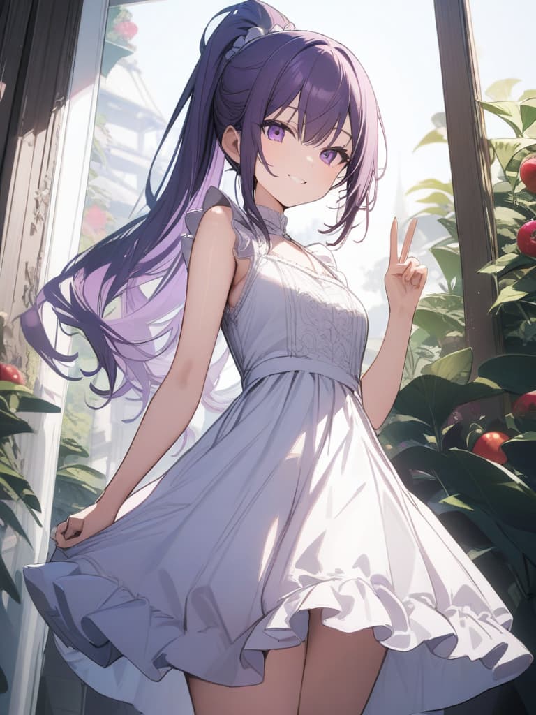  Cute, , long hair, thin body, ponytail, purple hair, purple eyes, smiling, g, big s, gs, gs, gs fruits, frills dresses, sisters, older sisters., masterpiece, best quality,8k,ultra detailed,high resolution,an extremely delicate and beautiful,hyper detail