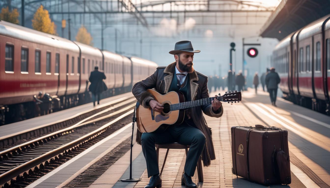  A Russian street musician is playing guitar at a railway station in the morning. hyperrealistic, full body, detailed clothing, highly detailed, cinematic lighting, stunningly beautiful, intricate, sharp focus, f/1. 8, 85mm, (centered image composition), (professionally color graded), ((bright soft diffused light)), volumetric fog, trending on instagram, trending on tumblr, HDR 4K, 8K