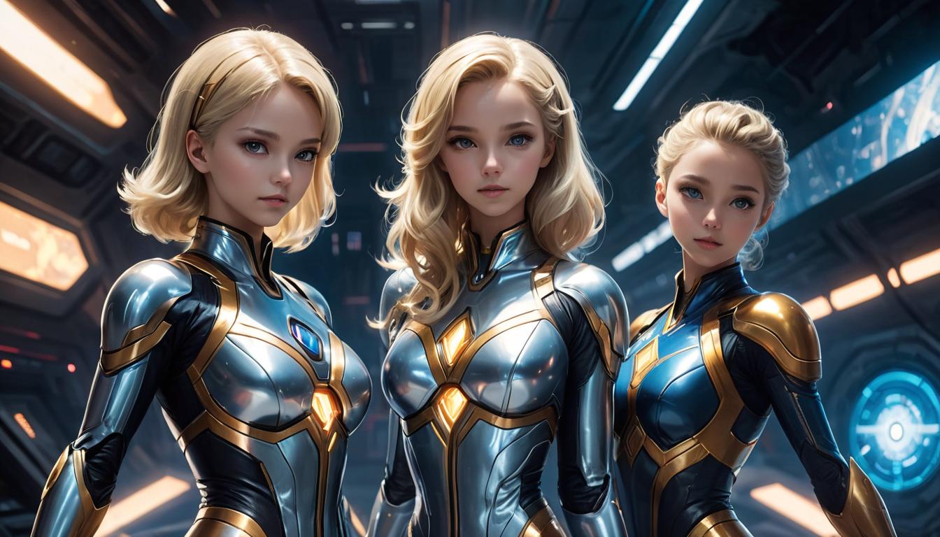  2girls, large busted attractive blonde arian female humanoids, heralding enlightenment, hands raised, cosmic harmony, bright shining aura, high tech clothing clad in sleek, futuristic costume with metallic accents and form fitting designs, marvel superhero comics style, unreal engine rendering