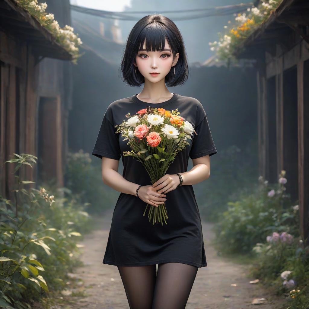  a full length woman with flowers in her hands in a black T shirt hyperrealistic, full body, detailed clothing, highly detailed, cinematic lighting, stunningly beautiful, intricate, sharp focus, f/1. 8, 85mm, (centered image composition), (professionally color graded), ((bright soft diffused light)), volumetric fog, trending on instagram, trending on tumblr, HDR 4K, 8K