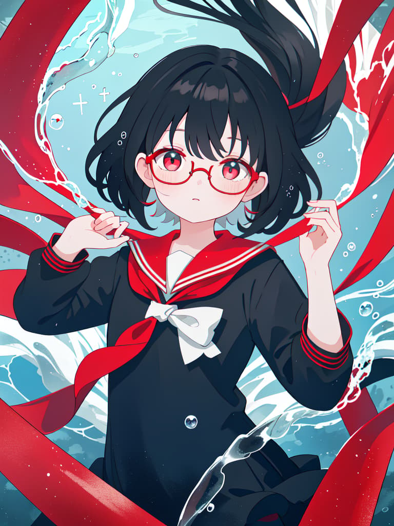  Black hair, glasses, red ribbon, underwater, sailor suit, mysterious, masterpiece, best quality,8k,ultra detailed,high resolution,an extremely delicate and beautiful,hyper detail