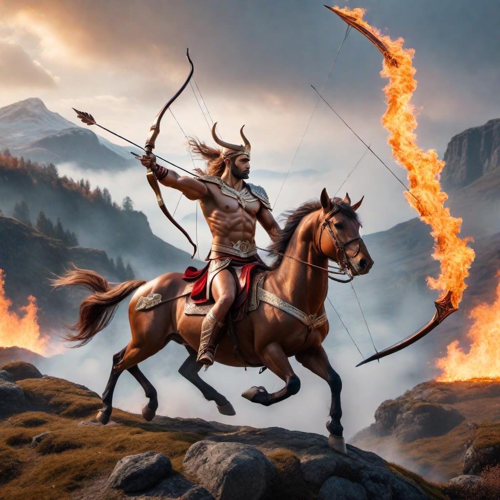  A Sagittarius Centaur on a plateau shooting flaming arrows at its enemy. hyperrealistic, full body, detailed clothing, highly detailed, cinematic lighting, stunningly beautiful, intricate, sharp focus, f/1. 8, 85mm, (centered image composition), (professionally color graded), ((bright soft diffused light)), volumetric fog, trending on instagram, trending on tumblr, HDR 4K, 8K