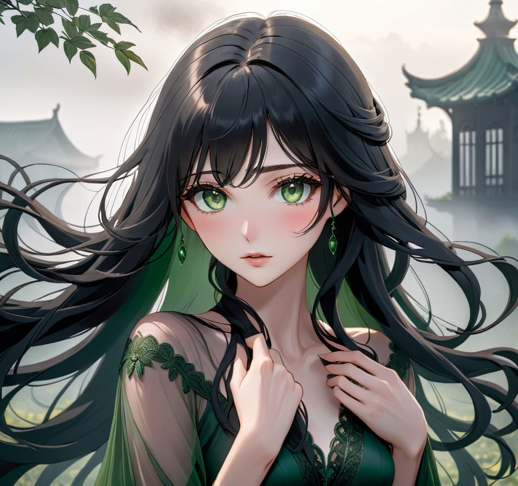  A slender young . Black hair is flowing freely in the wind. Green eyes. There is fog in the background, a gloomy atmosphere, young , green eyes, black wavy long hair, beautiful, regular facial features, , slender, dressed in a dark gray dress, narrow long fingers, graceful, slender figure, small s hyperrealistic, full body, detailed clothing, highly detailed, cinematic lighting, stunningly beautiful, intricate, sharp focus, f/1. 8, 85mm, (centered image composition), (professionally color graded), ((bright soft diffused light)), volumetric fog, trending on instagram, trending on tumblr, HDR 4K, 8K