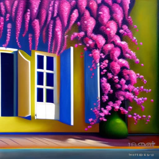 wa-vy style Scene, wall with Window, Bougainvillea tree around window, oil Painting,