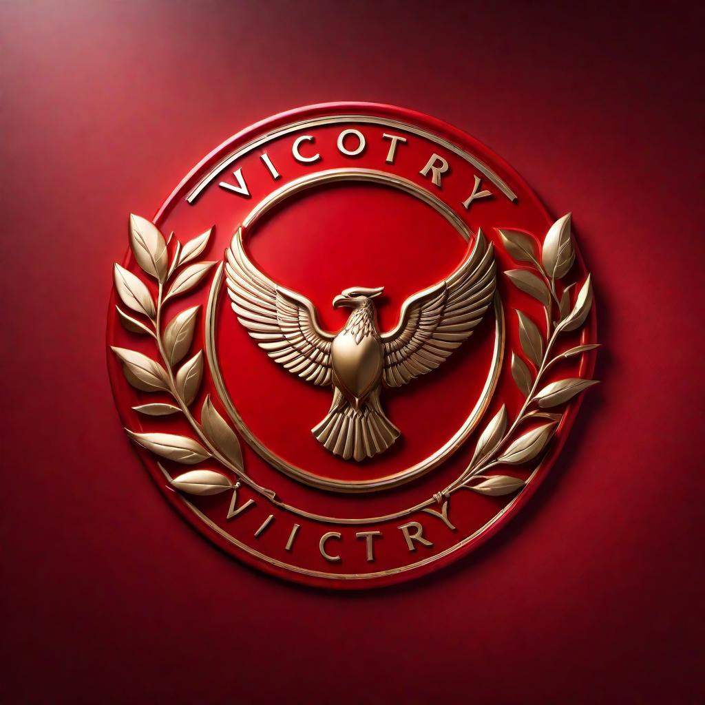  Victory logo in red color, minimalist design with a bold and elegant font. Incorporate symbols such as a laurel wreath or trophy to signify victory and achievement. The word 'Victory' should be prominently featured in the design. hyperrealistic, full body, detailed clothing, highly detailed, cinematic lighting, stunningly beautiful, intricate, sharp focus, f/1. 8, 85mm, (centered image composition), (professionally color graded), ((bright soft diffused light)), volumetric fog, trending on instagram, trending on tumblr, HDR 4K, 8K