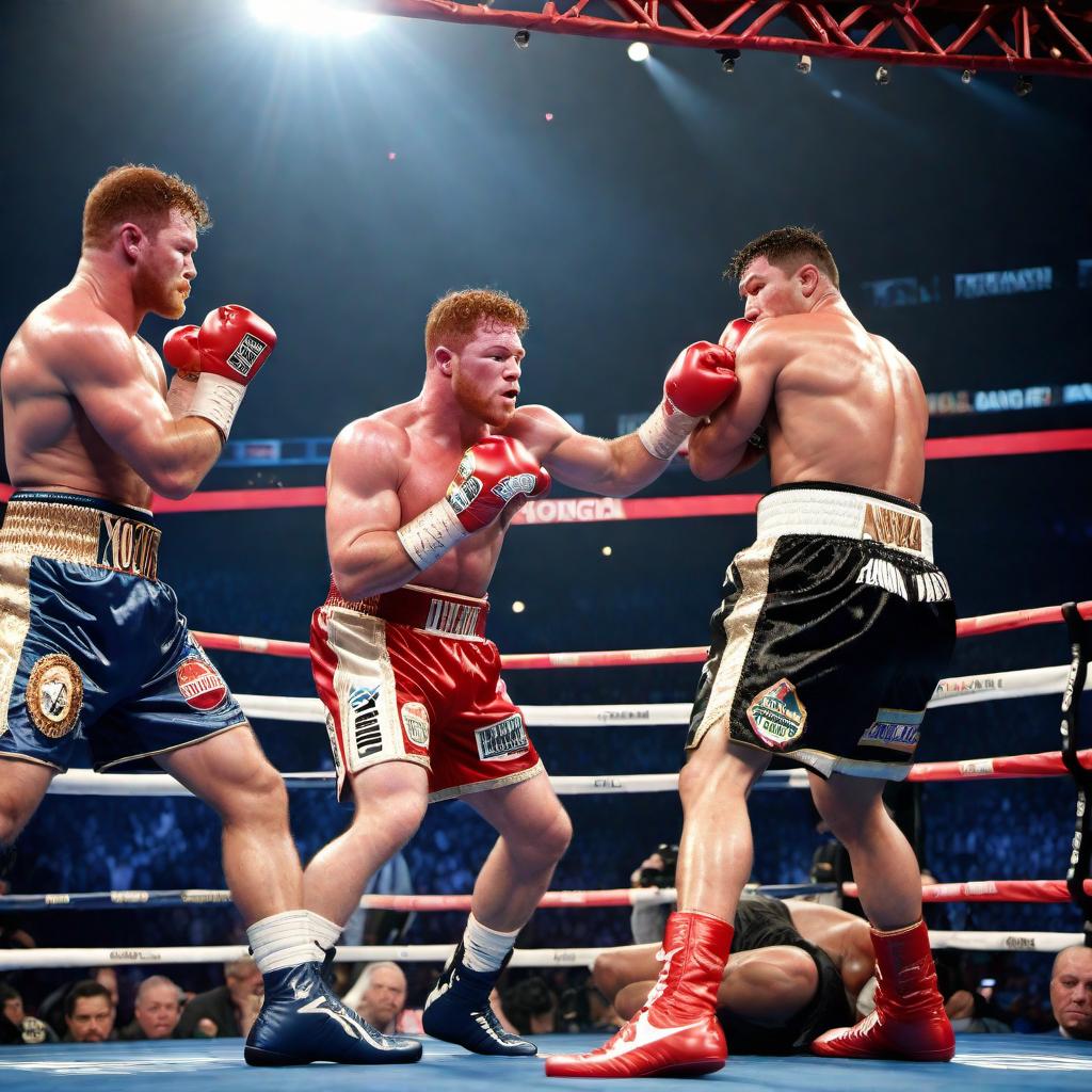  An image of Canelo Alvarez knocking De La Hoya out in a boxing match. Canelo is standing over De La Hoya, looking victorious, and saying 'You got knocked the f*** out'. hyperrealistic, full body, detailed clothing, highly detailed, cinematic lighting, stunningly beautiful, intricate, sharp focus, f/1. 8, 85mm, (centered image composition), (professionally color graded), ((bright soft diffused light)), volumetric fog, trending on instagram, trending on tumblr, HDR 4K, 8K