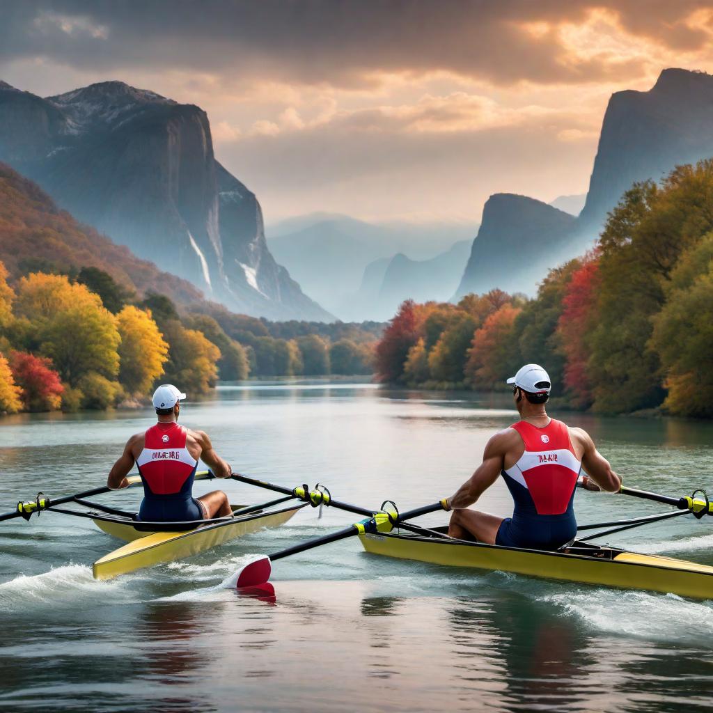  An image of a team of two crew rowers representing the USA on their way to the Olympics. The rowers should be wearing colorful uniforms and showing teamwork and determination. The background should feature a scenic river or lake with a vibrant and energetic atmosphere. hyperrealistic, full body, detailed clothing, highly detailed, cinematic lighting, stunningly beautiful, intricate, sharp focus, f/1. 8, 85mm, (centered image composition), (professionally color graded), ((bright soft diffused light)), volumetric fog, trending on instagram, trending on tumblr, HDR 4K, 8K