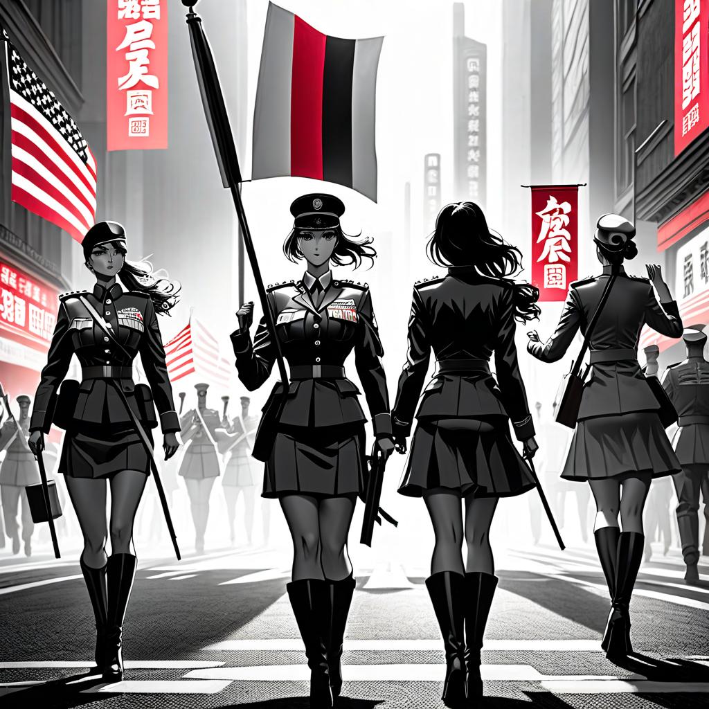  manga style Two girls carrying flags. Dressed in military uniform. In black and white linen. . vibrant, high energy, detailed, iconic, Japanese comic style hyperrealistic, full body, detailed clothing, highly detailed, cinematic lighting, stunningly beautiful, intricate, sharp focus, f/1. 8, 85mm, (centered image composition), (professionally color graded), ((bright soft diffused light)), volumetric fog, trending on instagram, trending on tumblr, HDR 4K, 8K