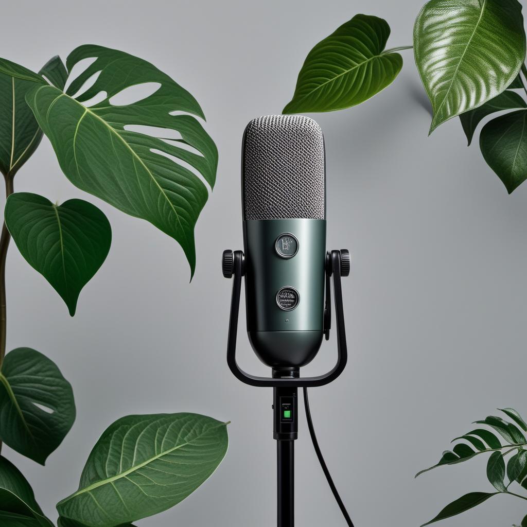  A logo featuring a microphone prominently in the foreground, with elements of organic and growing things in the background. The design portrays a fusion of technology and nature, with the microphone detailed and modern-looking, with a sleek finish. Surrounding the microphone, there are illustrations of plants, leaves, and vines, giving a sense of growth and vitality. The color palette includes natural greens and earthy tones to emphasize the organic elements, while the microphone is in contrasting metallic hues like silver or black to stand out. hyperrealistic, full body, detailed clothing, highly detailed, cinematic lighting, stunningly beautiful, intricate, sharp focus, f/1. 8, 85mm, (centered image composition), (professionally color graded), ((bright soft diffused light)), volumetric fog, trending on instagram, trending on tumblr, HDR 4K, 8K