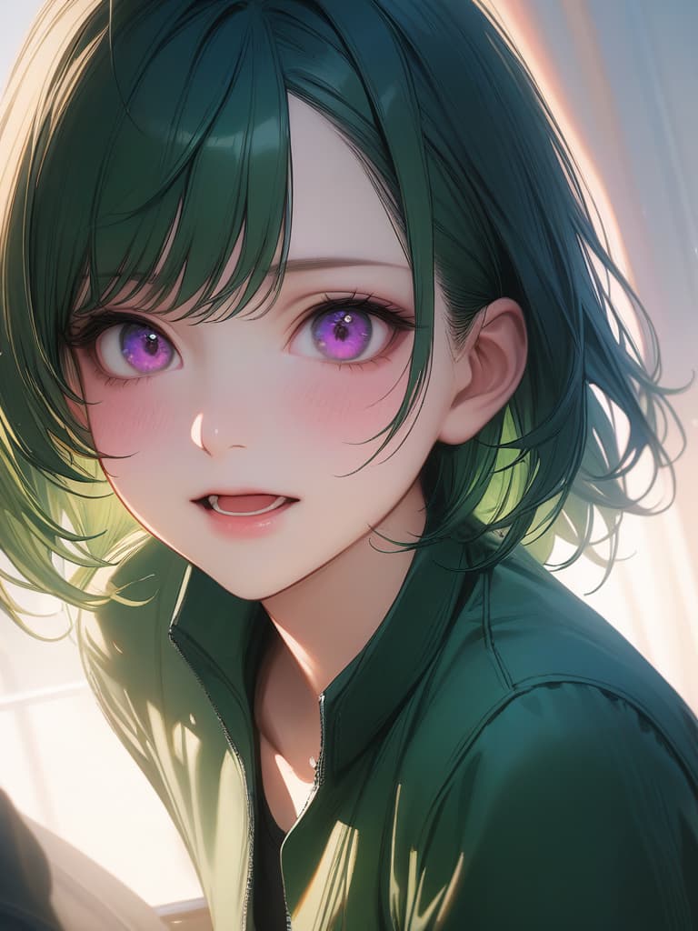  1girl,18yo,green hair, short undercut,purple eyes,green suit,very loud laugh, realistic, masterpiece, best quality,8k,ultra detailed,high resolution,an extremely delicate and beautiful,hyper detail