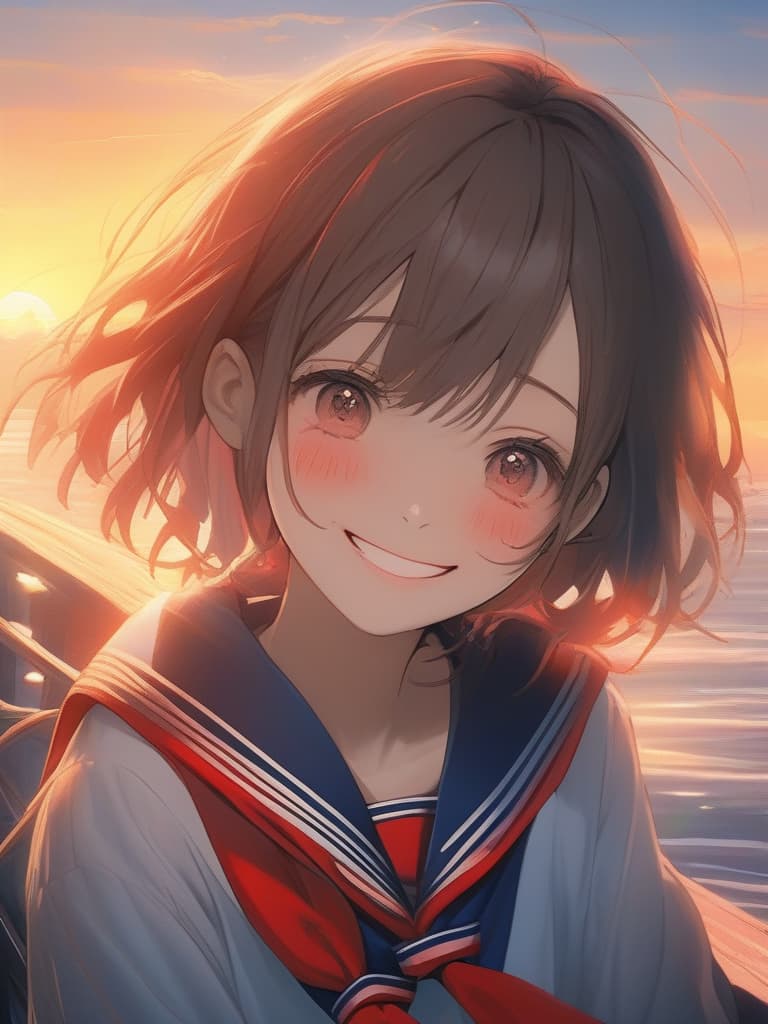  Girl, sunset, Bob, sailor suit, red muffler, emo, smile, evening, masterpiece, best quality,8k,ultra detailed,high resolution,an extremely delicate and beautiful,hyper detail