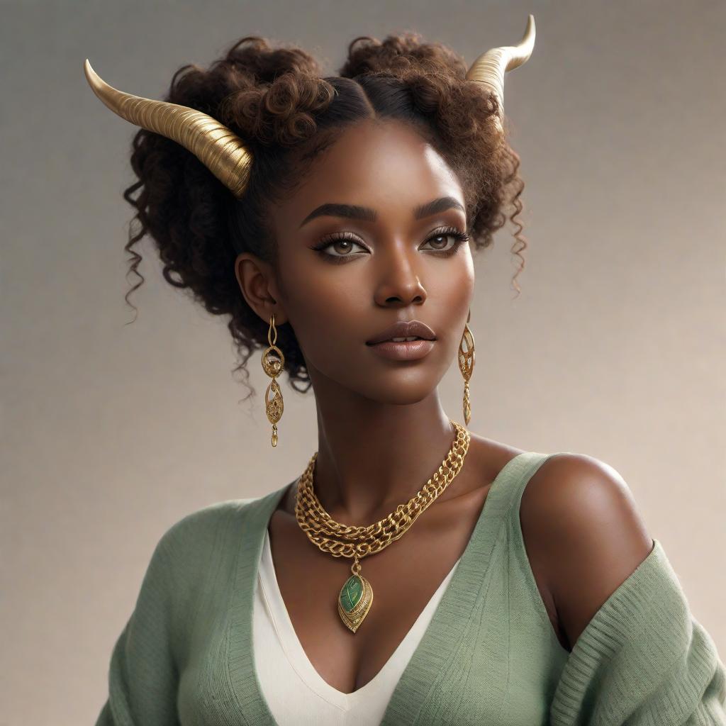  A character sketch of a lofi Capricorn female with black skin named Nyla. She has a mane of curly hair cascading down her shoulders, deep expressive eyes, and delicate, slightly curved goat horns peeking from her hair. Her attire consists of elegant, earthy tones such as browns, greens, and subtle golds. She often sports oversized sweaters, cozy scarves, and well-fitted pants, blending comfort with style. Nyla accessorizes with simple, yet meaningful jewelry—like a pendant with the Capricorn symbol or a delicate ring. The background captures a modern setting with soft, ambient music, cafes, parks, and art galleries, reflecting her tranquil yet ambitious nature. She embodies calmness, reliability, and quiet determination with a serene deme hyperrealistic, full body, detailed clothing, highly detailed, cinematic lighting, stunningly beautiful, intricate, sharp focus, f/1. 8, 85mm, (centered image composition), (professionally color graded), ((bright soft diffused light)), volumetric fog, trending on instagram, trending on tumblr, HDR 4K, 8K