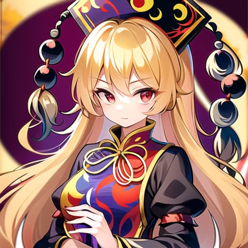  master piece , best quality,1girl, {{junko (touhou)}}, blonde hair, long hair, jewelry red eyes, glossy eyes, chinese clothes, black dress, long sleeves