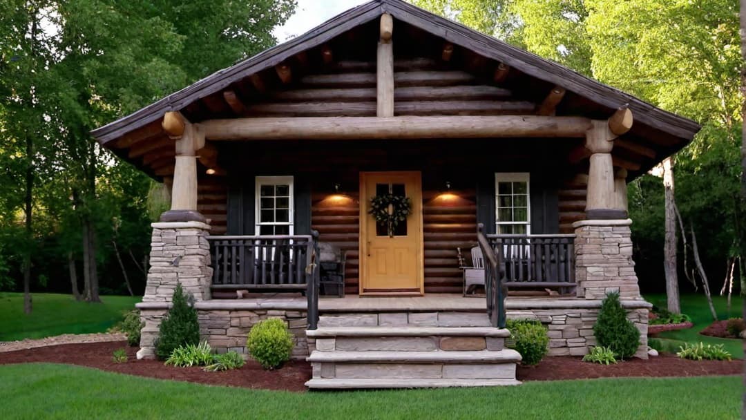  Rustic log cabin exterior with ornate log railings adding to the charm, zoom out to see the full home, make the image sharp and crisp, bright sunny day