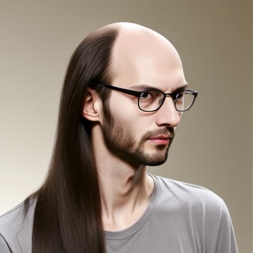  Long thin balding hair, glasses, skinny, hunch back