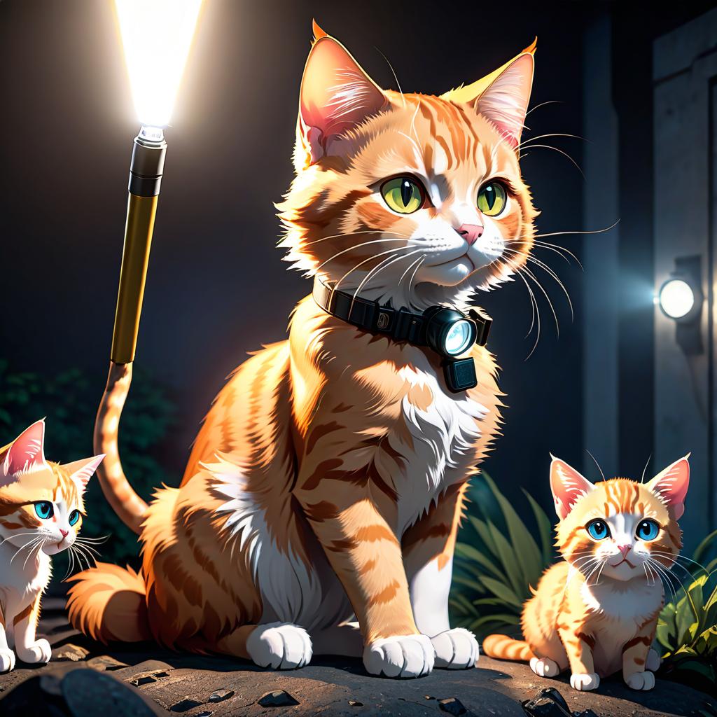  anime artwork A ginger cat with black spots, holding a flashlight, nearby sit kittens, backdrop dark. . anime style, key visual, vibrant, studio anime, highly detailed hyperrealistic, full body, detailed clothing, highly detailed, cinematic lighting, stunningly beautiful, intricate, sharp focus, f/1. 8, 85mm, (centered image composition), (professionally color graded), ((bright soft diffused light)), volumetric fog, trending on instagram, trending on tumblr, HDR 4K, 8K