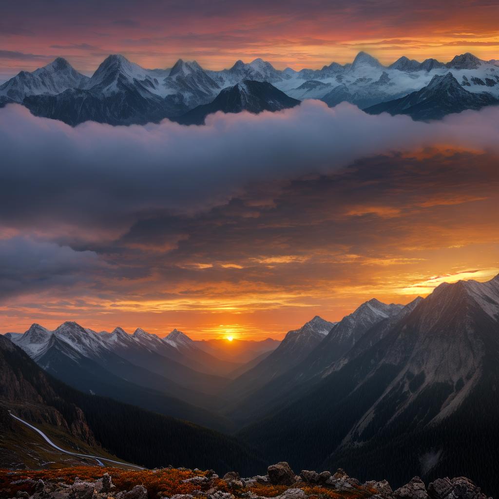  masterpiece, best quality, sunrise in the mountains, sunset clouds, realistic scenery