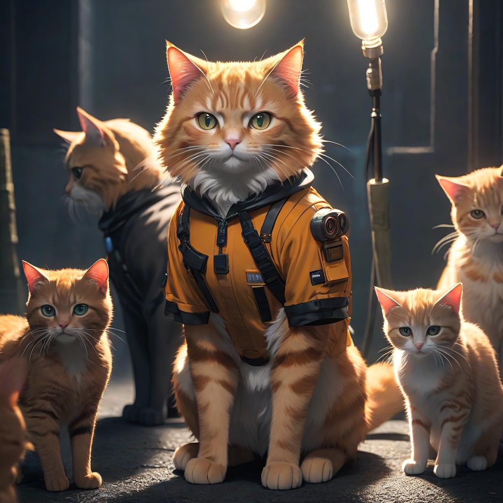  anime artwork A ginger cat with black spots, holding a flashlight, the background is dark? Behind the kittens. . anime style, key visual, vibrant, studio anime, highly detailed hyperrealistic, full body, detailed clothing, highly detailed, cinematic lighting, stunningly beautiful, intricate, sharp focus, f/1. 8, 85mm, (centered image composition), (professionally color graded), ((bright soft diffused light)), volumetric fog, trending on instagram, trending on tumblr, HDR 4K, 8K