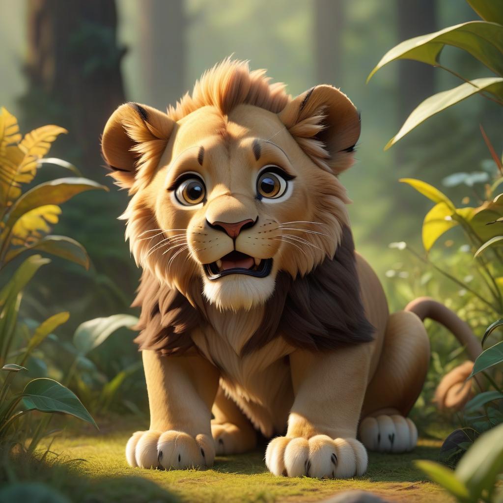  concept art A cartoonish, smiling cub lion looks straight ahead. . digital artwork, illustrative, painterly, matte painting, highly detailed hyperrealistic, full body, detailed clothing, highly detailed, cinematic lighting, stunningly beautiful, intricate, sharp focus, f/1. 8, 85mm, (centered image composition), (professionally color graded), ((bright soft diffused light)), volumetric fog, trending on instagram, trending on tumblr, HDR 4K, 8K