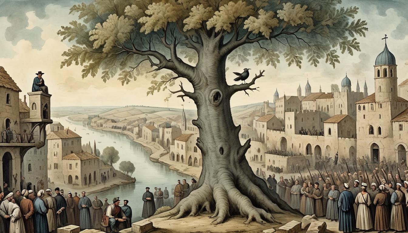  on parchment, surrealism+++, Man perched on sycamore tree, elevated position, overlooking crowd, historical Jericho, focus, anticipation(mysterious, provocative, symbolic,muted color)+++