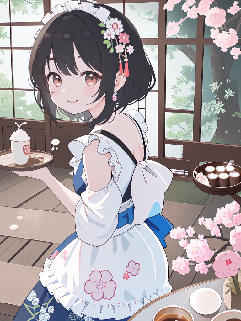  Japanese Painting Style, FRILL APRON, BARE SHOULDER, CARRY A TRAY, HAPPY SMILE, Japanese Cafe, Best Quality: 1.4, ULTRA DETALED EXTURE, Raw PhotOREALISTIC, Absurd Resolution, 8k Illustration, 💩: 1.0, 💩: 1, 💩, 💩, 💩, 💩,, masterpiece, best quality,8k,ultra detailed,high resolution,an extremely delicate and beautiful,hyper detail