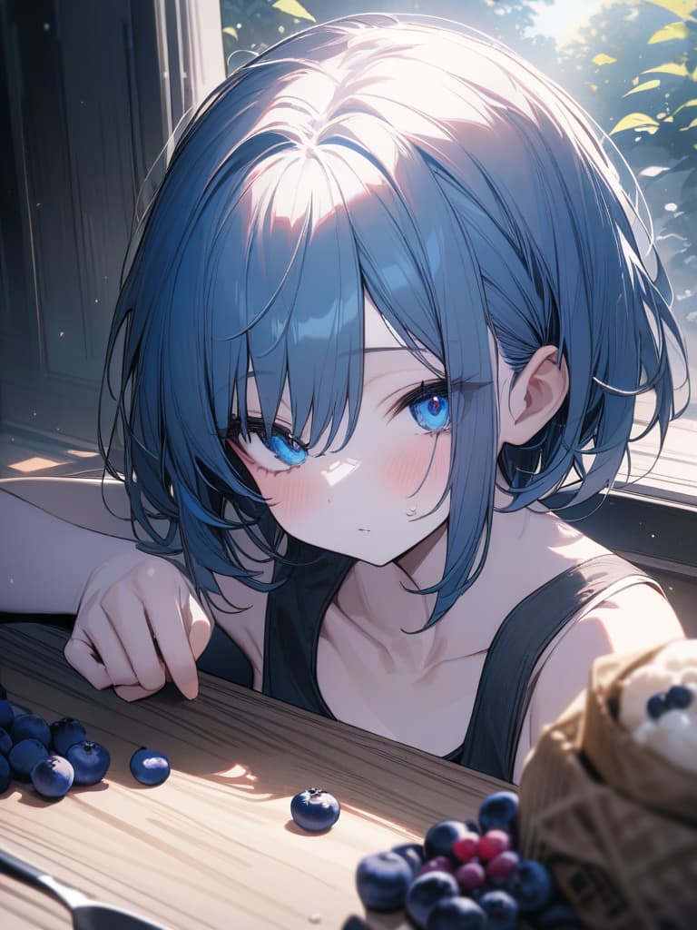  Cute, girl, long hair, thin body, white skin, blue eyes, large eyes, short bob, blueberry, blueberry decoration, tank top, short hair, blue hair color, sauce eye, masterpiece, best quality,8k,ultra detailed,high resolution,an extremely delicate and beautiful,hyper detail