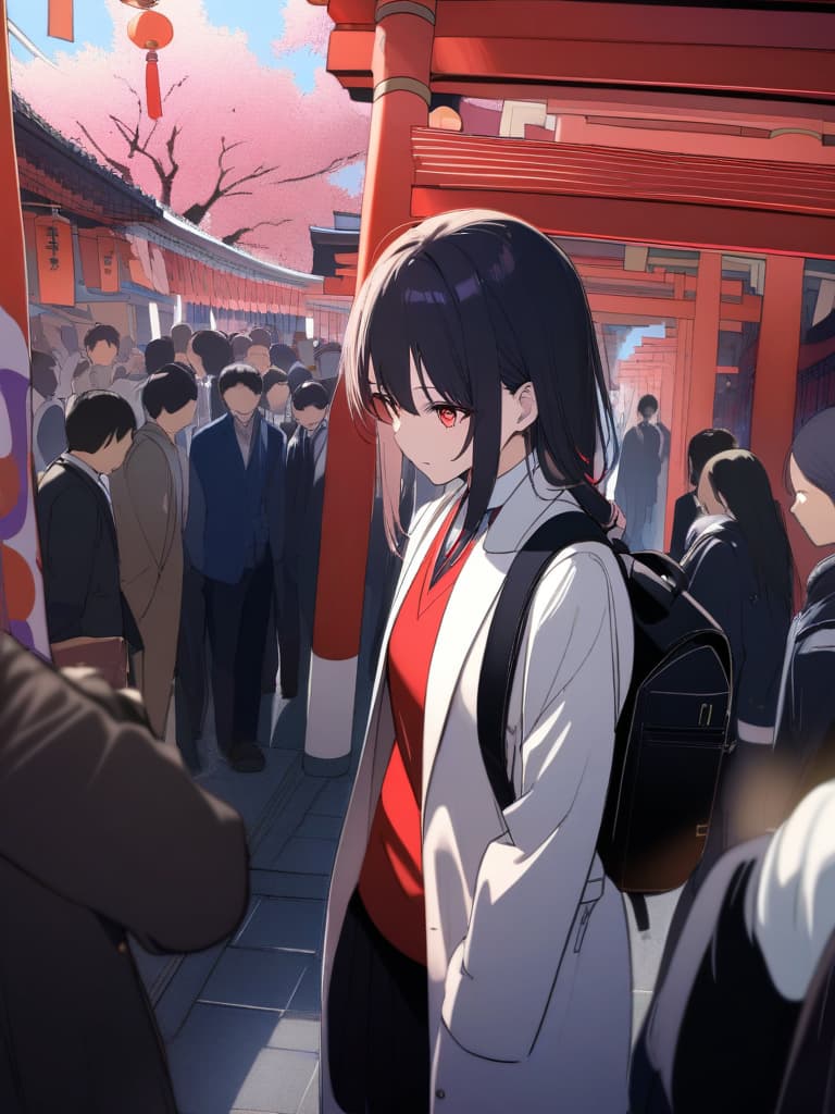  Kyoto,Kyoto trip, trip,black hair,half up,long hair,deep scarlet eyes,beautiful ,looking over the hit,a thousand torii,in a thousand torii,crowd of tourists,Fushimi Inari Taisha,high ,red ribbon on the ,uniform,blazer clothes,big s,backpackKyoto,Kyoto trip, trip,black hair,half up,long hair,deep scarlet eyes,beautiful ,looking over the hit,a thousand torii,in a thousand torii,crowd of tourists,Fushimi Inari Taisha,high ,red ribbon on the ,uniform,blazer clothes,big s,backpack、ultra detailed,best shadow,cute and beautiful face,(masterpiece:1.2),(best quality:1.2),detailed background,high contrast,(best illumination,an extremely delicate and beautiful),((cinematic light)),hyper detai