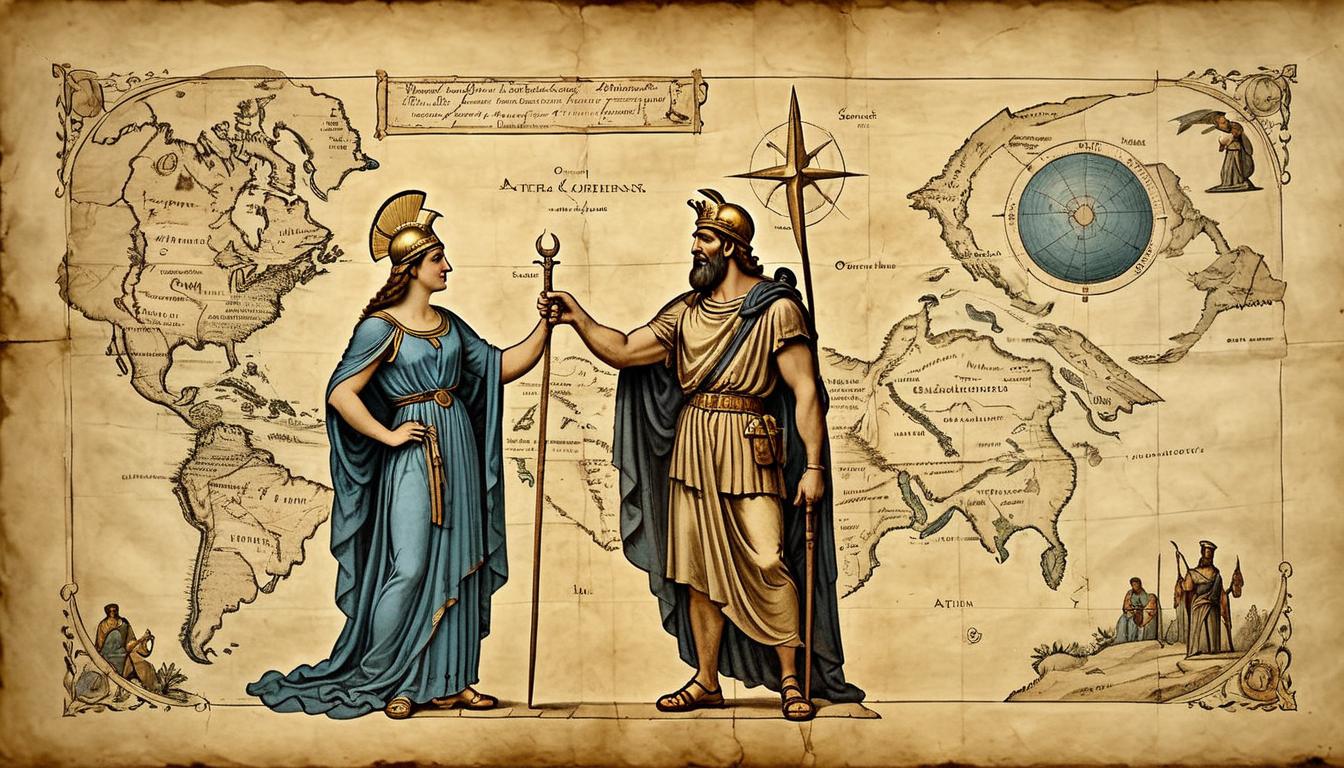  on parchment, surrealism+++, Scene of Athena advising Odysseus, both looking at a detailed map, Athena pointing out a path, expressions of profound understanding, mysterious and wise aura(mysterious, provocative, symbolic,muted color)+++