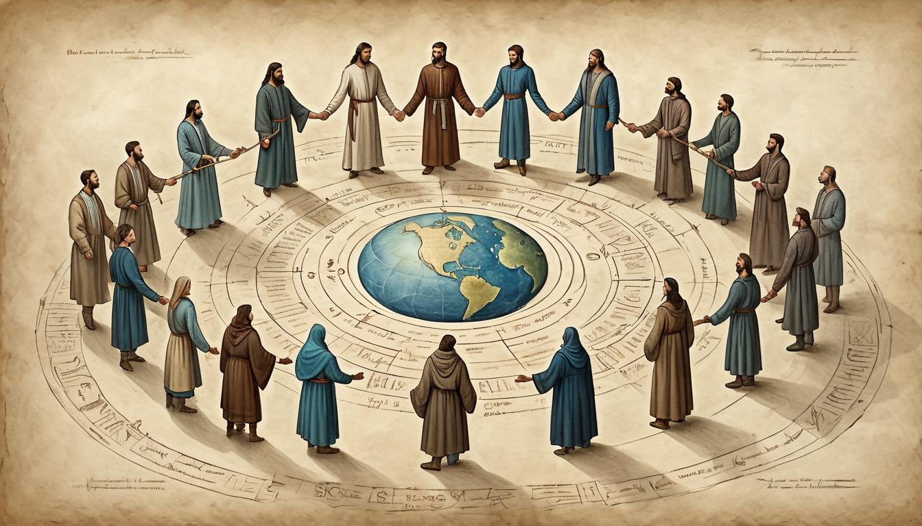  on parchment, surrealism+++, A group of diverse people holding hands in a circle, standing on a glowing earth, surrounded by a pattern of interconnected lines of light, unification, harmony, collective awakening, global connection(mysterious, provocative, symbolic,muted color)+++