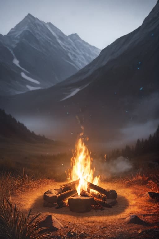  Camping bonfire, no one around hyperrealistic, full body, detailed clothing, highly detailed, cinematic lighting, stunningly beautiful, intricate, sharp focus, f/1. 8, 85mm, (centered image composition), (professionally color graded), ((bright soft diffused light)), volumetric fog, trending on instagram, trending on tumblr, HDR 4K, 8K