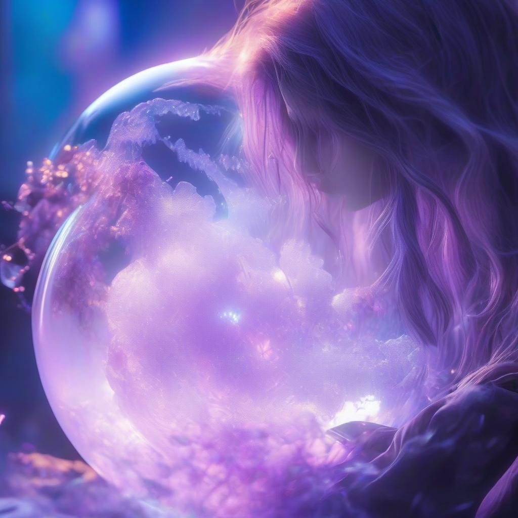  Crystal Ball Girl, long hair, broken heart, glitch, predominantly purple color hyperrealistic, full body, detailed clothing, highly detailed, cinematic lighting, stunningly beautiful, intricate, sharp focus, f/1. 8, 85mm, (centered image composition), (professionally color graded), ((bright soft diffused light)), volumetric fog, trending on instagram, trending on tumblr, HDR 4K, 8K