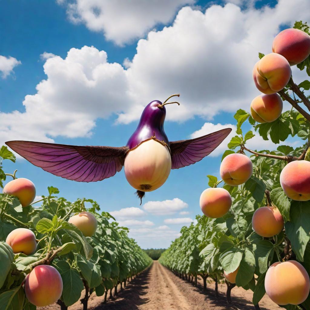  An eggplant with wings flying over a peach. The scene is playful and whimsical. The eggplant has cartoonish, fluttering wings, and the peach looks delighted. They are set against a clear blue sky with fluffy white clouds. hyperrealistic, full body, detailed clothing, highly detailed, cinematic lighting, stunningly beautiful, intricate, sharp focus, f/1. 8, 85mm, (centered image composition), (professionally color graded), ((bright soft diffused light)), volumetric fog, trending on instagram, trending on tumblr, HDR 4K, 8K