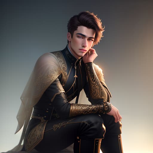  A young man is sitting with a phone in his hand. hyperrealistic, full body, detailed clothing, highly detailed, cinematic lighting, stunningly beautiful, intricate, sharp focus, f/1. 8, 85mm, (centered image composition), (professionally color graded), ((bright soft diffused light)), volumetric fog, trending on instagram, trending on tumblr, HDR 4K, 8K