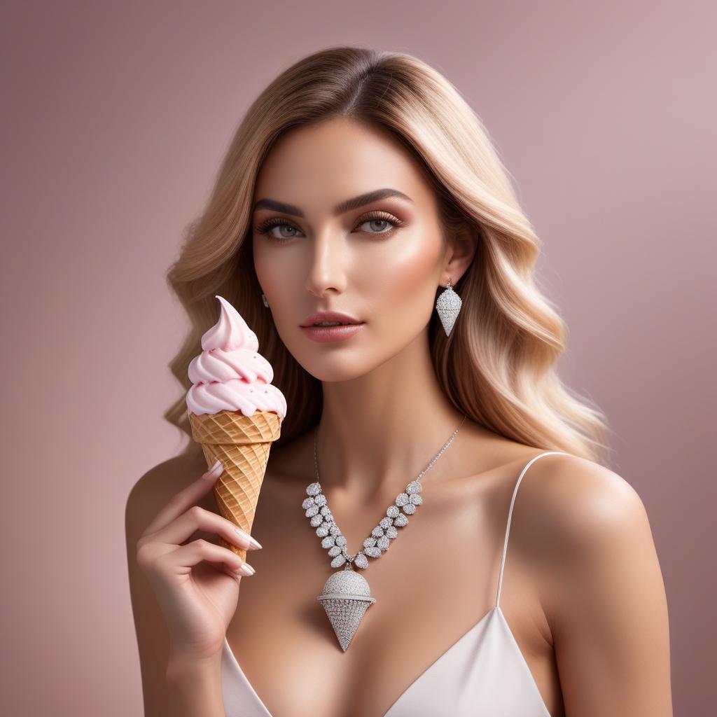  Female model wearing a diamond clustered ice cream cone pendant, showcasing the pendant prominently. The background should be simple and elegant to highlight the jewelry, high-quality and detailed image. hyperrealistic, full body, detailed clothing, highly detailed, cinematic lighting, stunningly beautiful, intricate, sharp focus, f/1. 8, 85mm, (centered image composition), (professionally color graded), ((bright soft diffused light)), volumetric fog, trending on instagram, trending on tumblr, HDR 4K, 8K