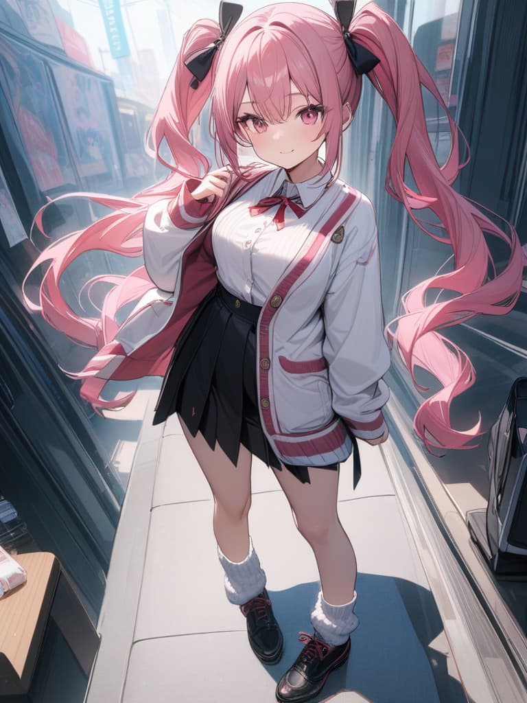  Cute, , thin body, fluffy hair, fluffy long hair, twin tails, pink hair color, pink eyes, big s, cardigans, uniforms, loose socks, mini s, sauce, smile, masterpiece, best quality,8k,ultra detailed,high resolution,an extremely delicate and beautiful,hyper detail