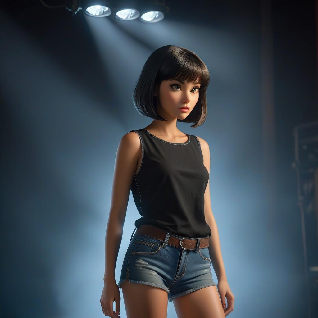  A girl with dark hair, a bob cut, in a black tunic and denim shorts, looks at a movie, straight view, fluorescent lighting. hyperrealistic, full body, detailed clothing, highly detailed, cinematic lighting, stunningly beautiful, intricate, sharp focus, f/1. 8, 85mm, (centered image composition), (professionally color graded), ((bright soft diffused light)), volumetric fog, trending on instagram, trending on tumblr, HDR 4K, 8K