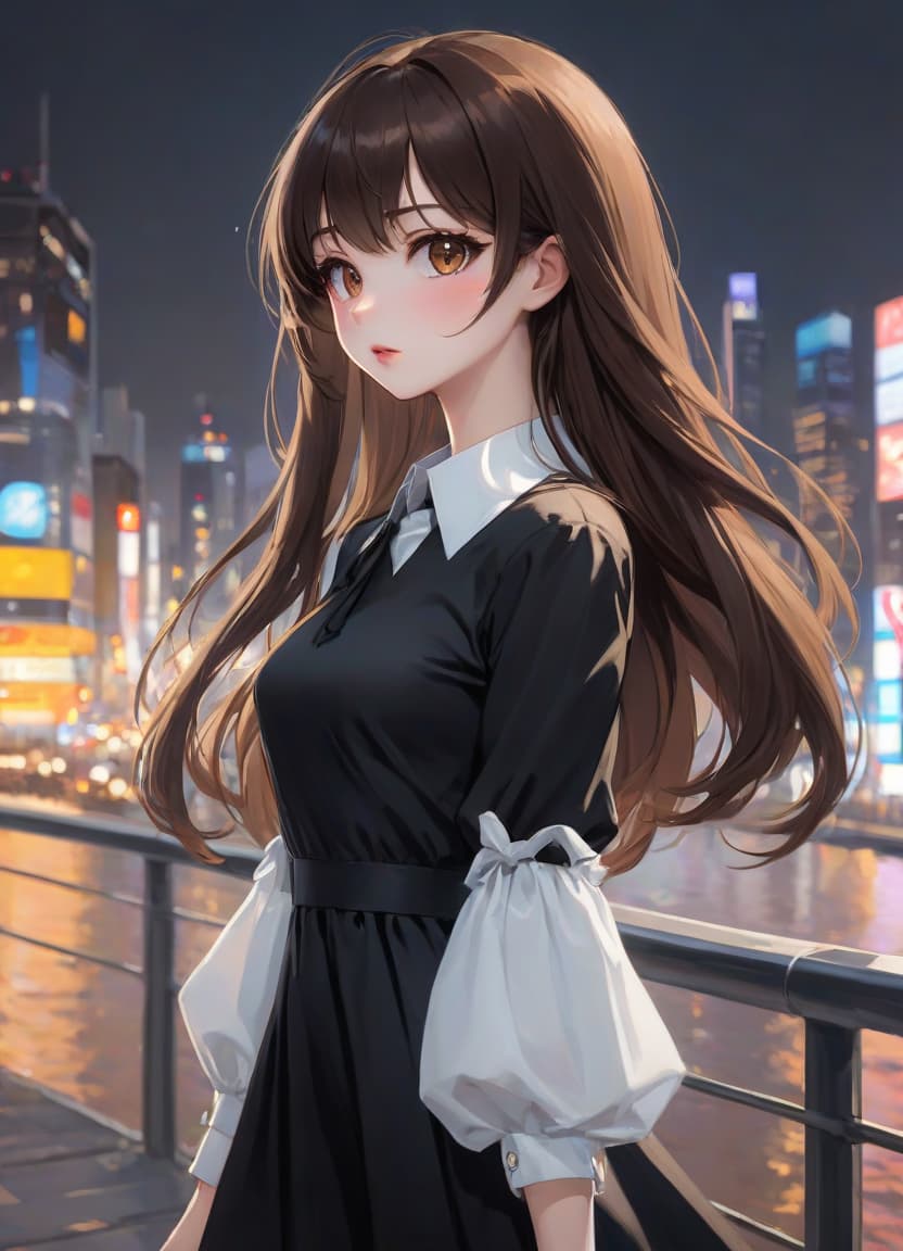  anime artwork beautiful , , oblique bangs, a mole under the lower lip in the middle of the chin. white skinned, European, brown eyes, long brown straight hair, side bangs, mole under the lower lip, slender figure, small neat s, dressed in a black dress with a white collar and white cuffs, full length, against the backdrop of a modern city. Skyscrs of Moscow City (photorealism, oil painting: 1.3), (full length shot: 1.3), charming , long flowing black hair, (large sensual mouth: 1.2), plump lips, sparkling brown eyes , narrow waist, (sensual drawing: 1.2), silvery glow, ethereal aura, detailed brushwork, intricate shadows and highlights, mysterious and captivating expression, unique color palette, masterf hyperrealistic, full body, detailed clothing, highly detailed, cinematic lighting, stunningly beautiful, intricate, sharp focus, f/1. 8, 85mm, (centered image composition), (professionally color graded), ((bright soft diffused light)), volumetric fog, trending on instagram, trending on tumblr, HDR 4K, 8K