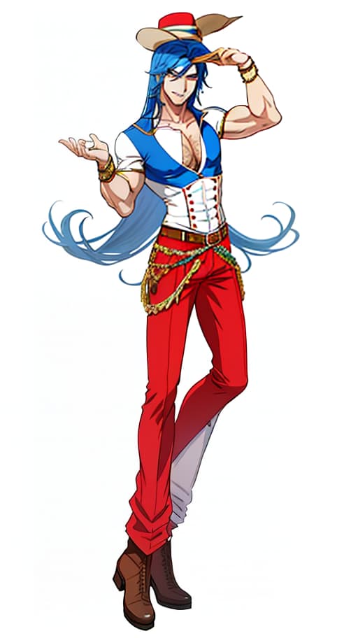  The Italian has a charming and charismatic personality, with a mischievous smile. His appearance combines the characteristics of a cowboy and a circus performer. He has long blue hair and a lean build with well defined muscles. He wears a blue top and red palazzo pants, and his clothes are full of details such as clasps and buckles. The style is in the anime semi realism genre., glamorous , stylish , trendy , by Richard Avedon , Helmut Newton , Mario Testino , Annie Leibovitz , Steven Meisel hyperrealistic, full body, detailed clothing, highly detailed, cinematic lighting, stunningly beautiful, intricate, sharp focus, f/1. 8, 85mm, (centered image composition), (professionally color graded), ((bright soft diffused light)), volumetric fog, trending on instagram, trending on tumblr, HDR 4K, 8K