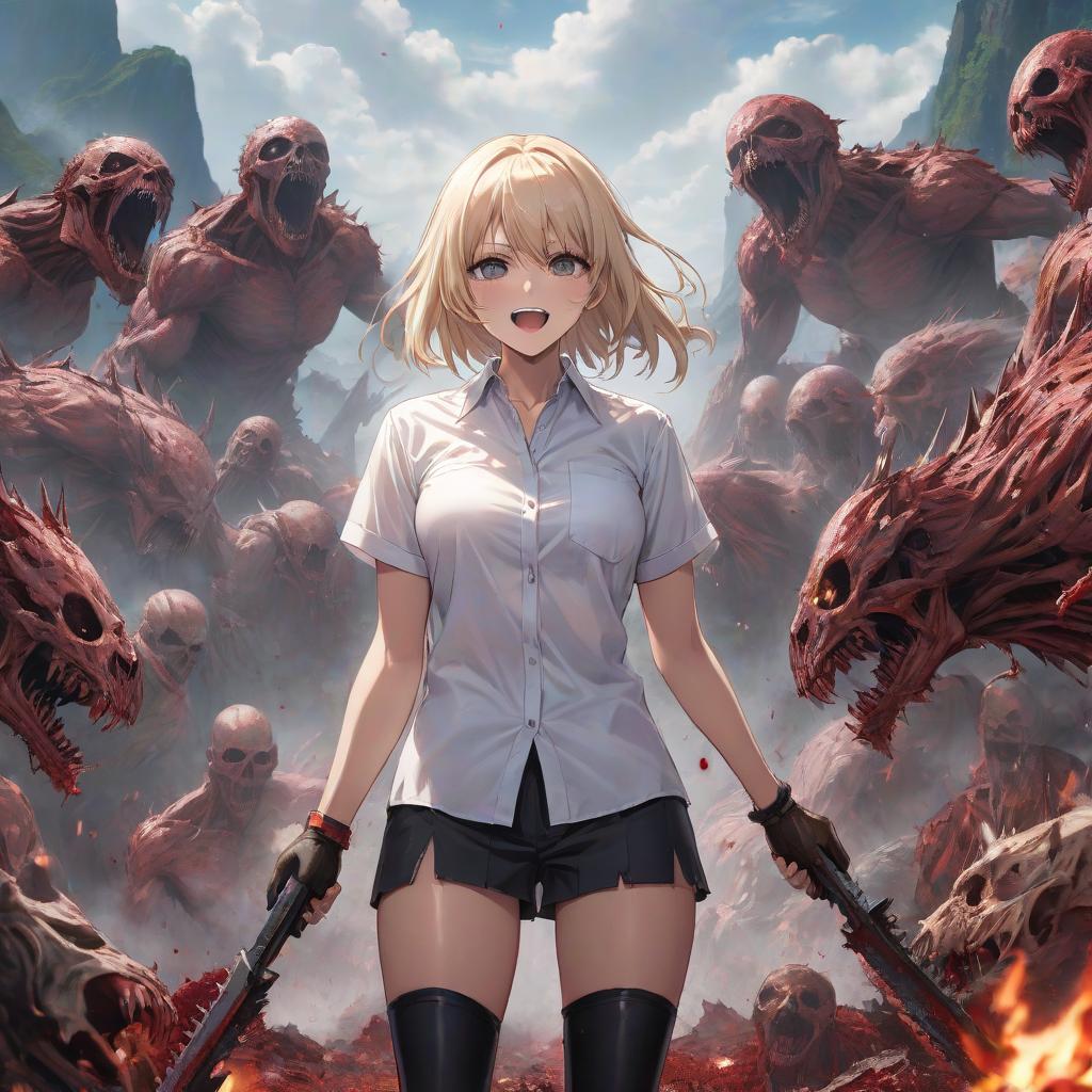  Full length picture. Power from anime "Chainsaw man". She is dressed in a white men's shirt with rolled up sleeves, and in her hands is a mace made of blood. She stands on a mountain of corpses of defeated enemies and laughs. hyperrealistic, full body, detailed clothing, highly detailed, cinematic lighting, stunningly beautiful, intricate, sharp focus, f/1. 8, 85mm, (centered image composition), (professionally color graded), ((bright soft diffused light)), volumetric fog, trending on instagram, trending on tumblr, HDR 4K, 8K