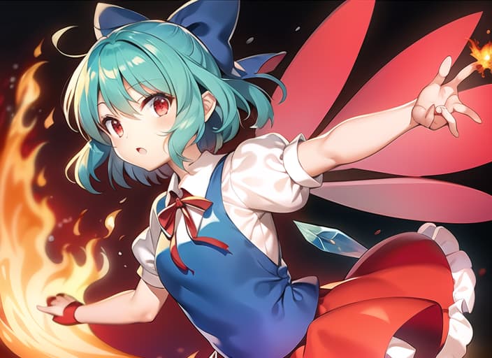  master piece , best quality,1girl, cirno (touhou), short hair, red hair, fire wings, fairy wings, red eyes, bangs, white shirt, collared shirt, puffy short sleeves, red dress, pinafore dress, blue ribbon, neck ribbon, blue bow, green bow, hair bow, bow,