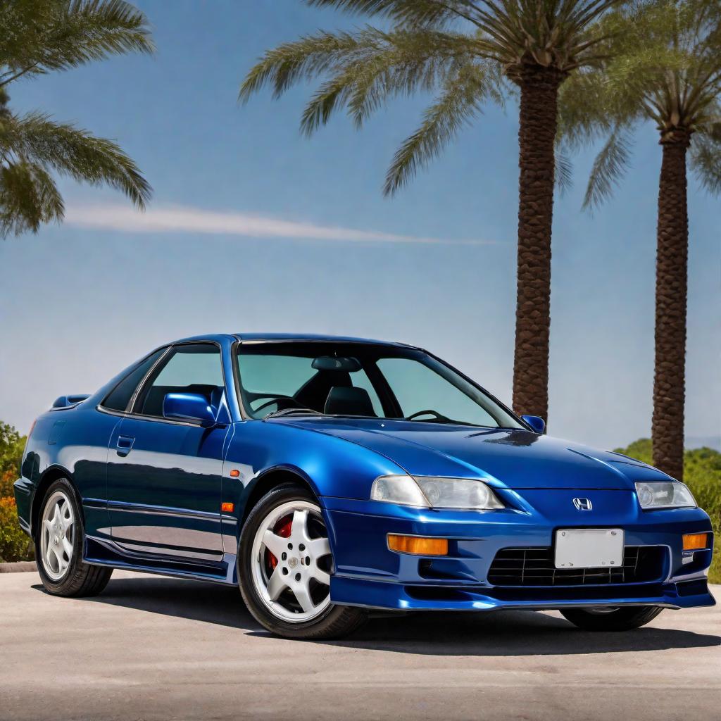  1996 Honda Prelude Si in blue color, parked on a road. The car should showcase its sporty design elements, including its sleek front grille, distinctive alloy wheels, and characteristic mid-90s coupe body lines. The background should be simple to keep the focus on the car. hyperrealistic, full body, detailed clothing, highly detailed, cinematic lighting, stunningly beautiful, intricate, sharp focus, f/1. 8, 85mm, (centered image composition), (professionally color graded), ((bright soft diffused light)), volumetric fog, trending on instagram, trending on tumblr, HDR 4K, 8K