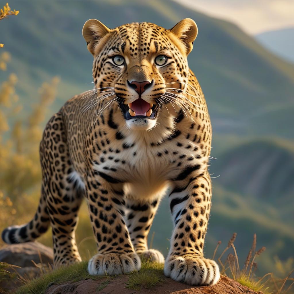  hyperrealistic art A fierce leopard standing on a hill, calling out to millions of mice gathered below, ready for battle. The leopard looks determined and powerful, while the mice appear nervous but prepared. . extremely high resolution details, photographic, realism pushed to extreme, fine texture, incredibly lifelike hyperrealistic, full body, detailed clothing, highly detailed, cinematic lighting, stunningly beautiful, intricate, sharp focus, f/1. 8, 85mm, (centered image composition), (professionally color graded), ((bright soft diffused light)), volumetric fog, trending on instagram, trending on tumblr, HDR 4K, 8K