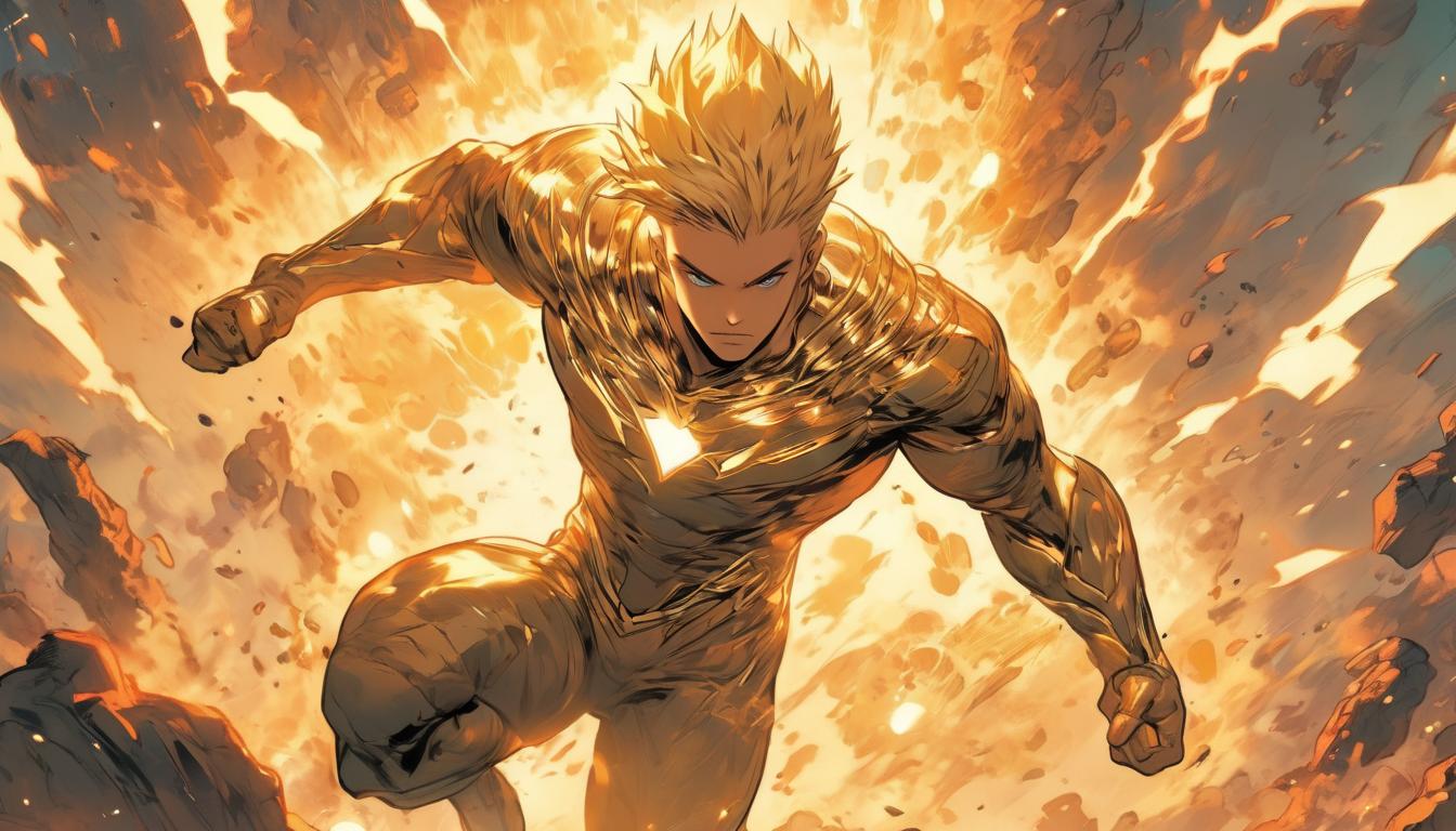  hyperrealism,fantasy aesthetic1man, handsome blonde arian male humanoid, breaking free from chains, radiant light, background of a cosmic landscape, high tech clothing clad in sleek, futuristic costume with metallic accents and form fitting designs, marvel superhero comics style, unreal engine rendering