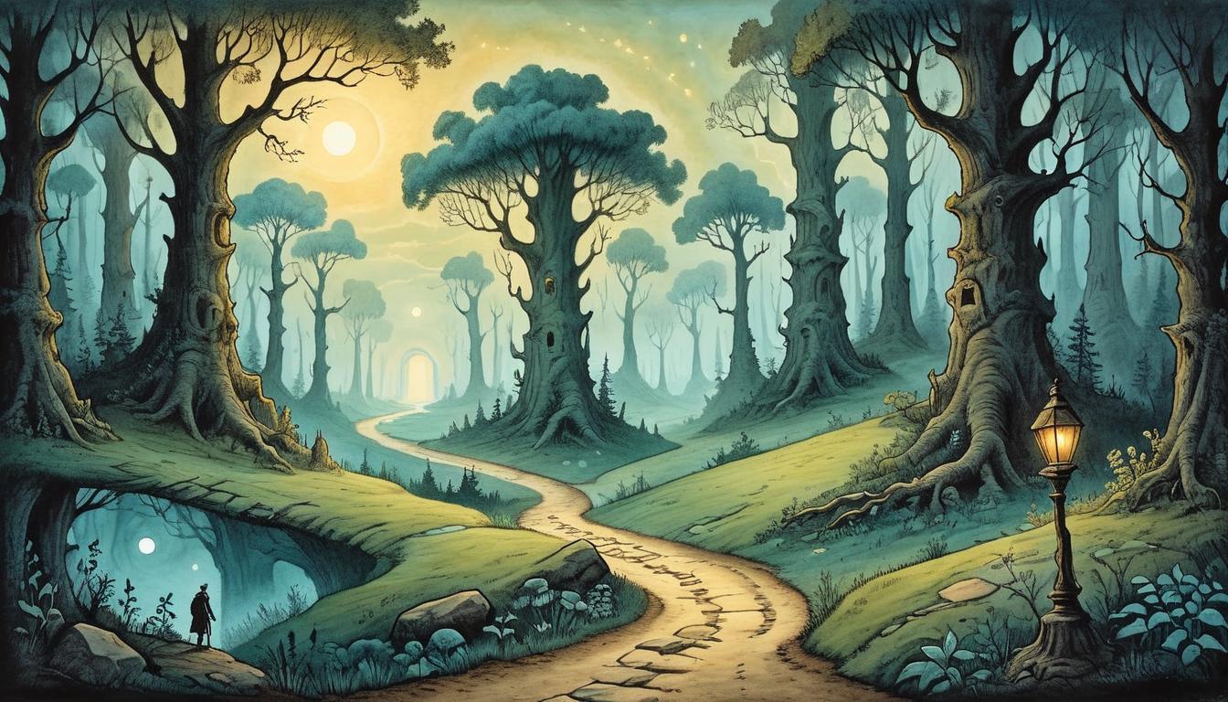  on parchment, surrealism+++, Expansive horizon at twilight, path winding through an ancient forest, glowing stones marking the way, unique journey, sense of individual importance, serenity(mysterious, provocative, symbolic,muted color)+++