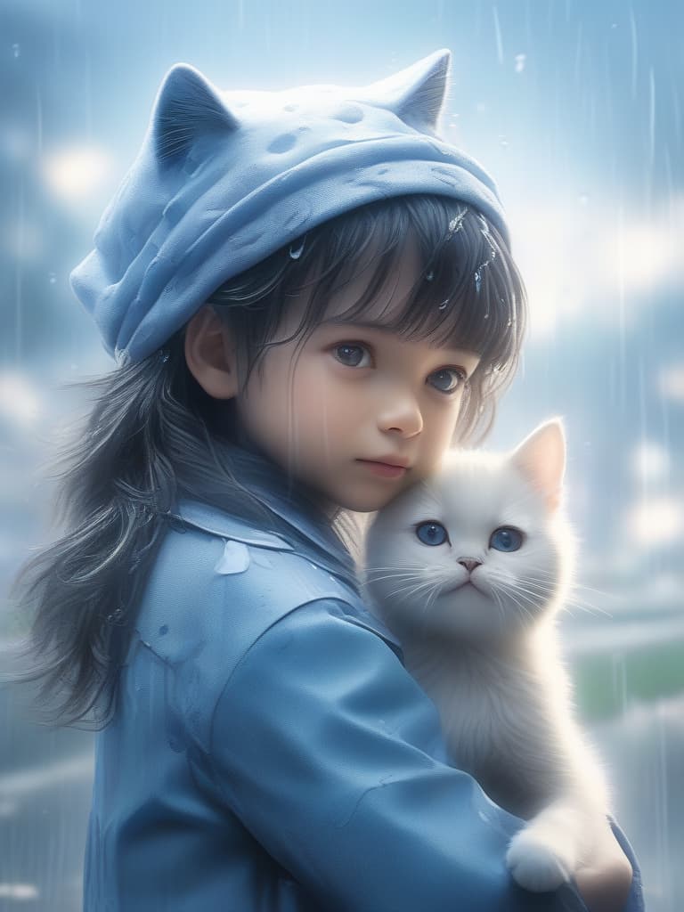  Milk Crown, boy, rain, cat, masterpiece, best quality,8k,ultra detailed,high resolution,an extremely delicate and beautiful,hyper detail